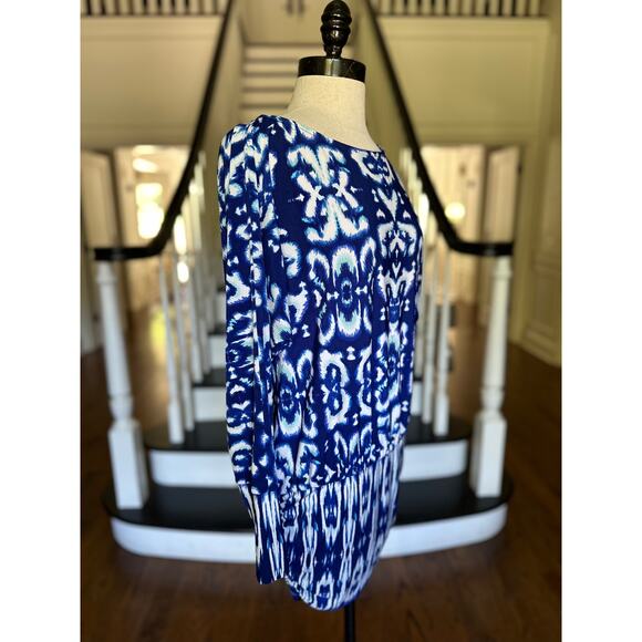 Boston Proper Blue Ikat Dress BodyCon Long Sleeve Summer Dress Pool Beach Resort - Picture 4 of 12